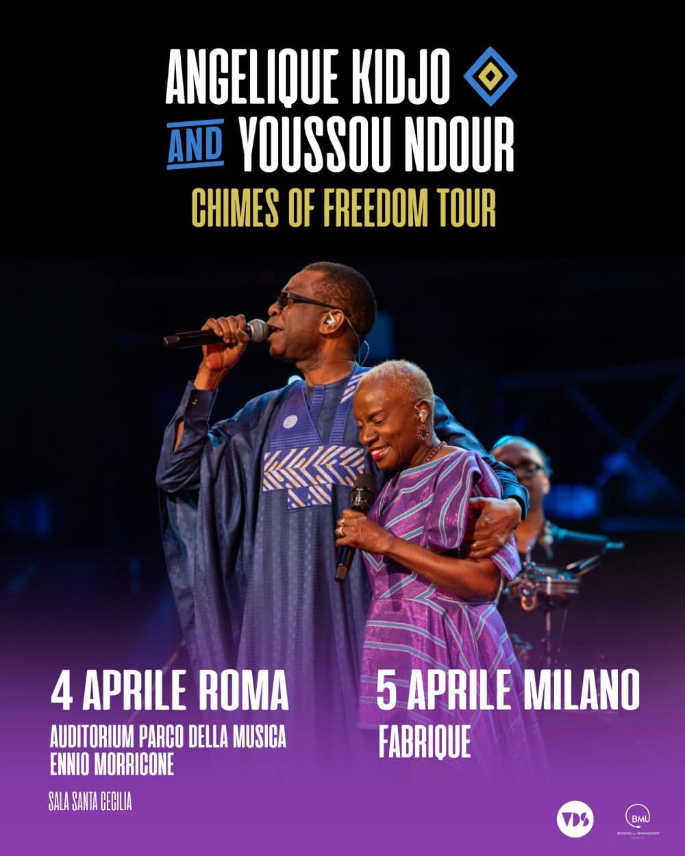 Locandina del Chimes of Freedom Tour di Angélique Kidjo e Youssou N'Dour: 4 aprile Roma, 5 aprile Milano