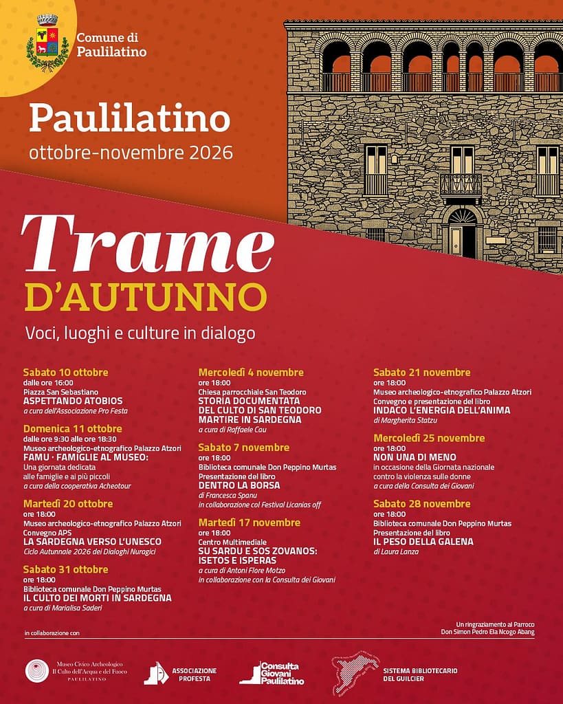 Locandina di “Trame d’autunno”, calendario culturale di Paulilatino, ottobre-novembre 2026